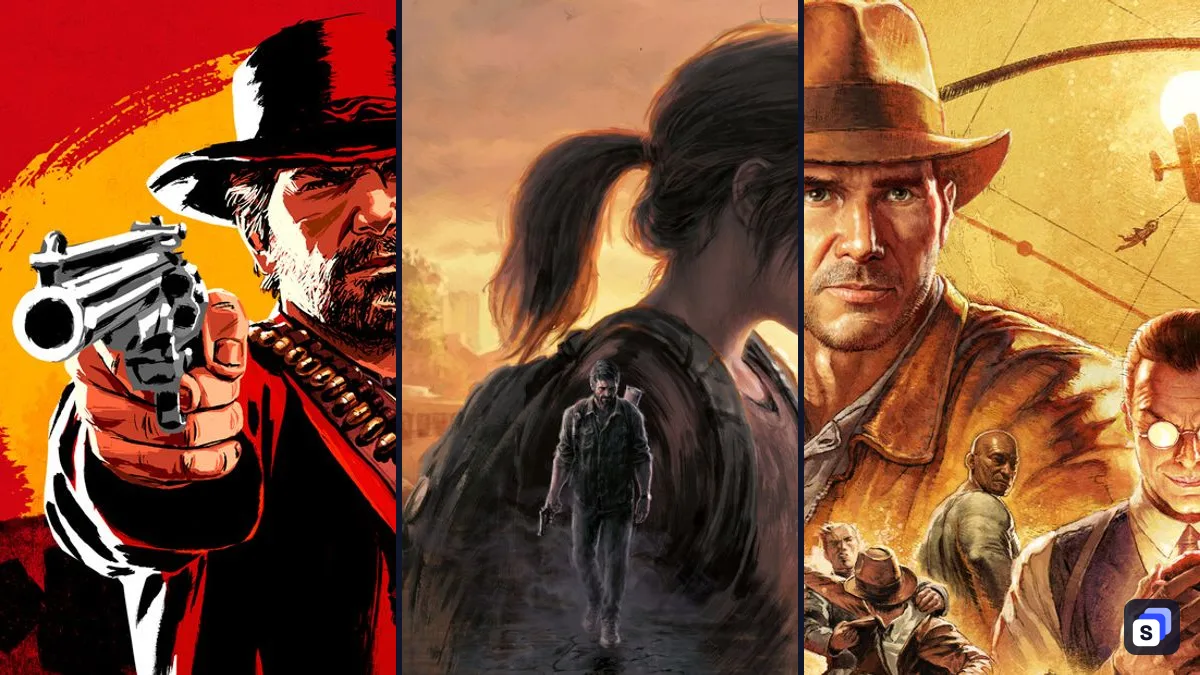 Key art from Red Dead Redemption 2, The Last of Us Part I and Indiana Jones and the Great Circle