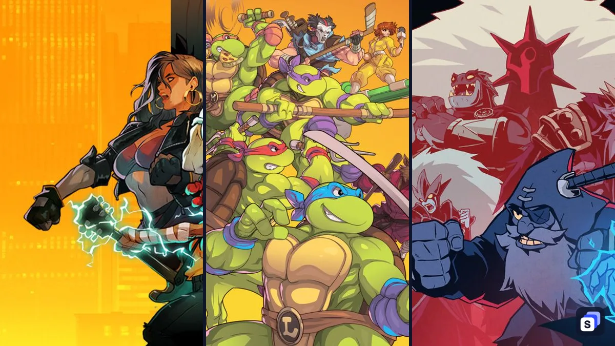 Key art from Streets of Rage 4, Teenage Mutant Ninja Turtles: Shredder's Revenge and Absolum