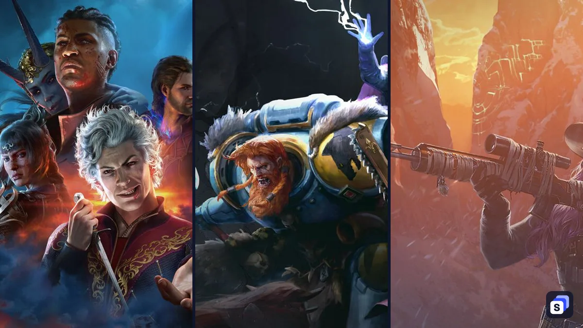 Key art from Baldur's Gate 3, Warhammer 40,000: Rogue Trader and Wasteland 3