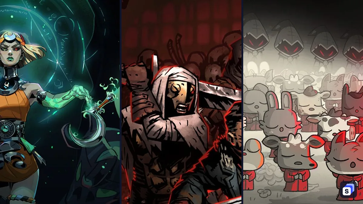 Key art from Hades II, Darkest Dungeon and Cult of the Lamb