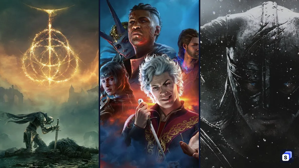 Key art from ELDEN RING, Baldur's Gate 3 and The Elder Scrolls V: Skyrim Special Edition