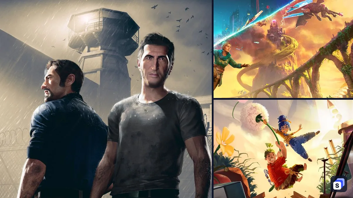 Arte de A Way Out ao lado de Split Fiction e It Takes Two, dois jogos parecidos