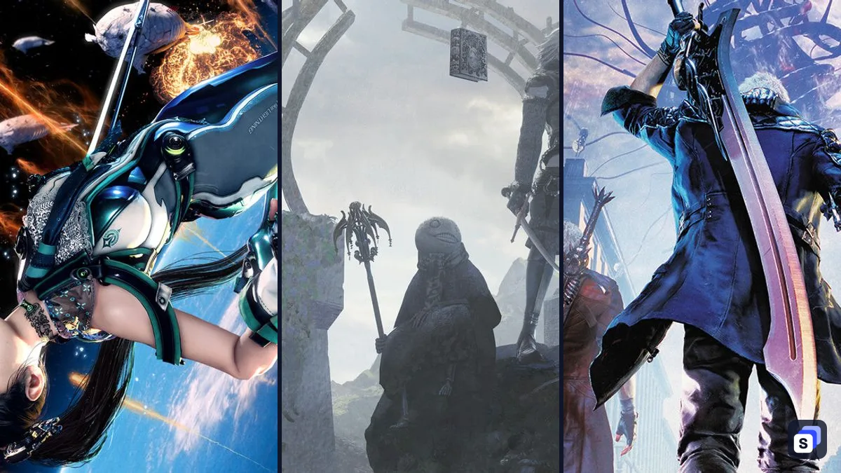Key art from Stellar Blade, NieR Replicant ver.1.22474487139... and Devil May Cry 5