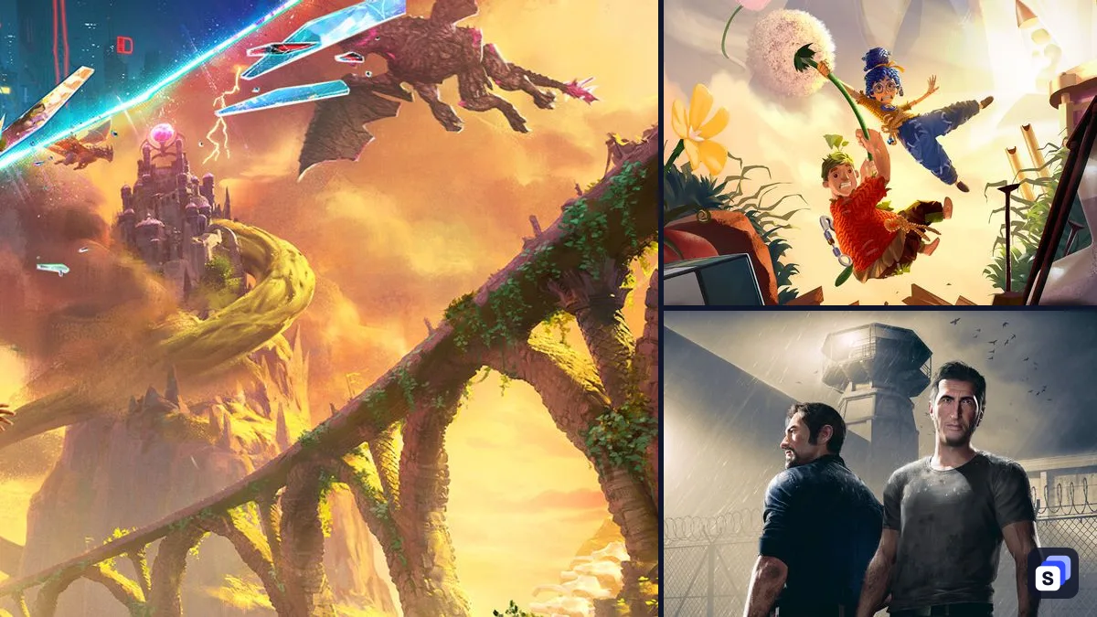 Split Fiction key art next to It Takes Two and A Way Out, two games like it