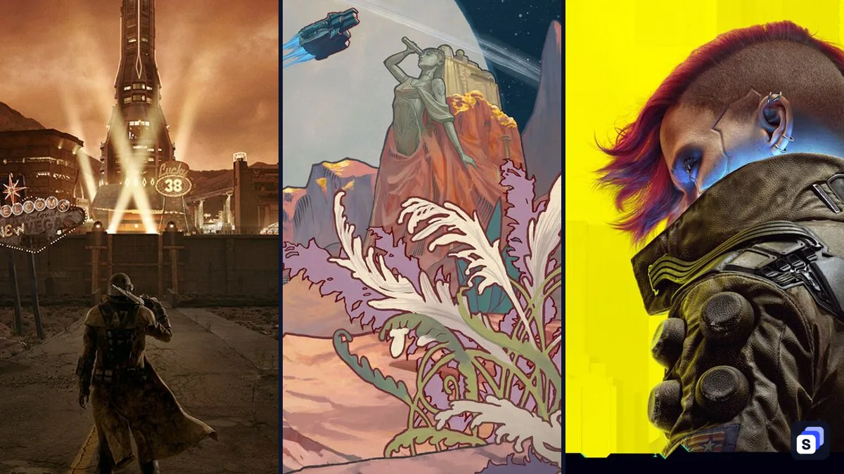 Key art from Fallout: New Vegas, The Outer Worlds 2 and Cyberpunk 2077