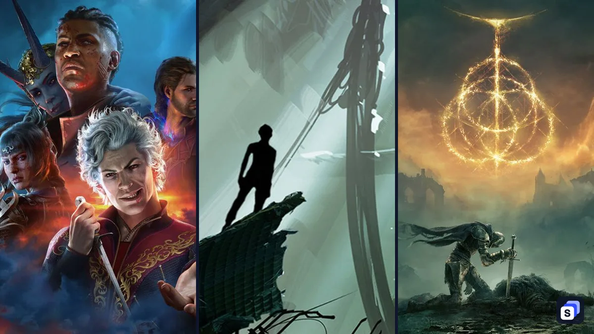 Key art from Baldur's Gate 3, Portal 2 and ELDEN RING