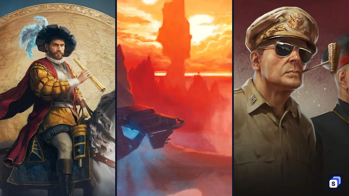 Key art from Europa Universalis V, Stellaris and Hearts of Iron IV