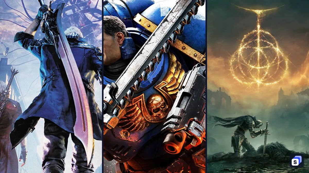 Key art from Devil May Cry 5, Warhammer 40,000: Space Marine 2 and ELDEN RING