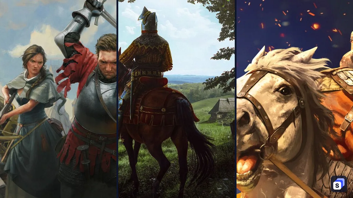 Key art from Kingdom Come: Deliverance II, Manor Lords and Mount & Blade II: Bannerlord