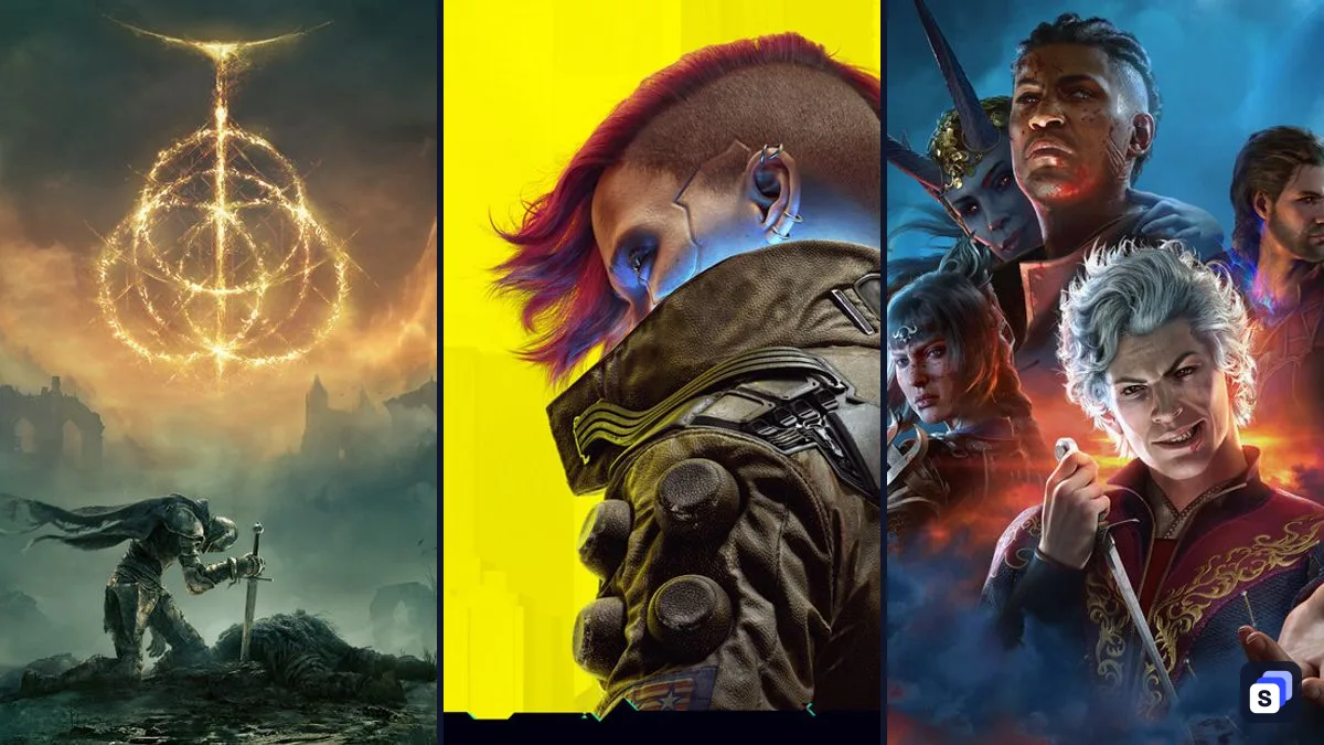 Key art from ELDEN RING, Cyberpunk 2077 and Baldur's Gate 3