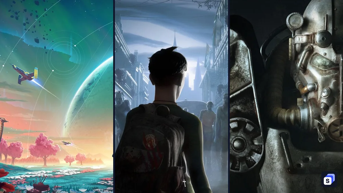 Key art from No Man's Sky, The Walking Dead: Saints & Sinners and Fallout 4 VR