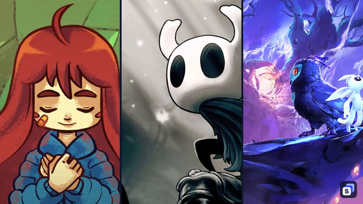 Key art from Celeste, Hollow Knight and Ori and the Will of the Wisps