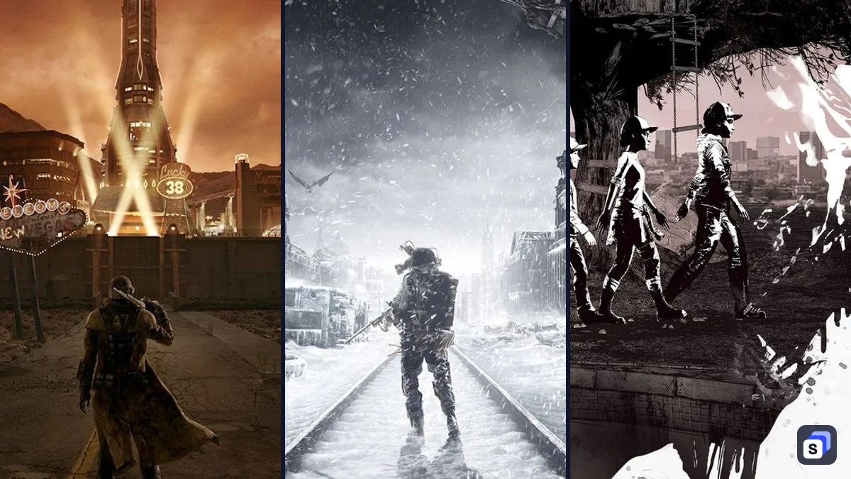 Key art from Fallout: New Vegas, Metro Exodus and The Walking Dead: The Telltale Definitive Series