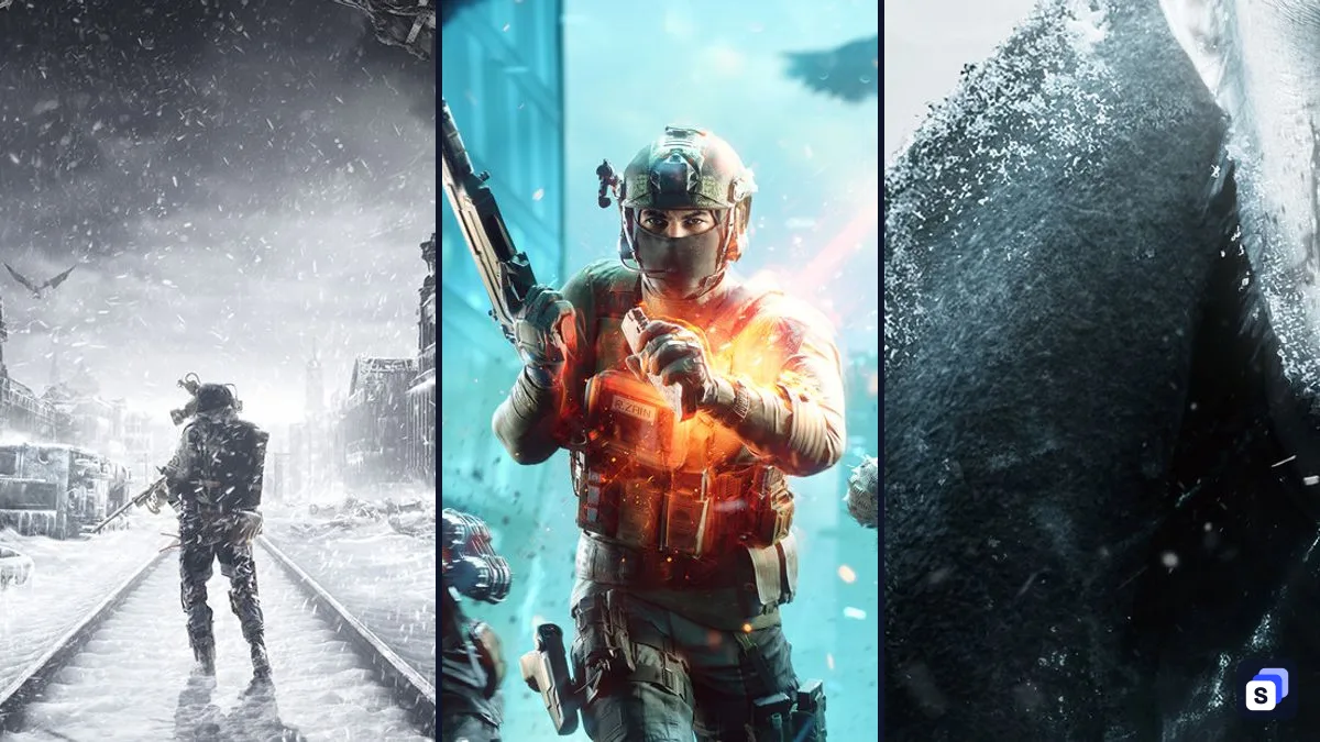 Key art from Metro Exodus, Battlefield 2042 and Resident Evil Village
