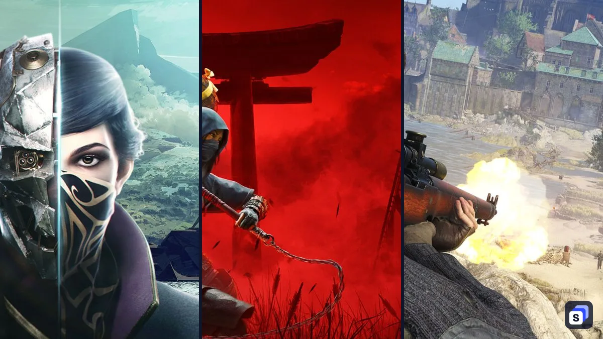 Key art from Dishonored 2, Assassin’s Creed Shadows and Sniper Elite 5