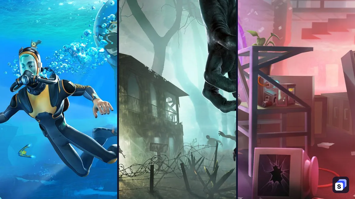 Key art from Subnautica, 7 Days to Die and Abiotic Factor
