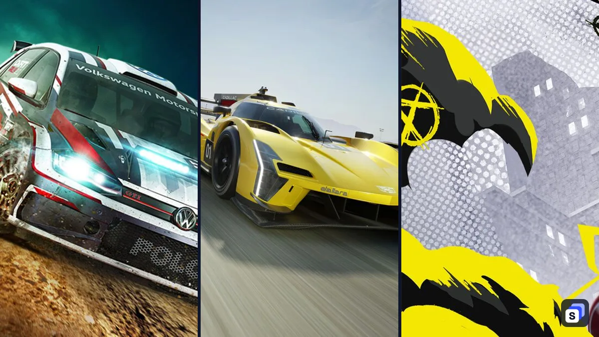 Key art from DiRT Rally 2.0, Forza Motorsport and Need for Speed Unbound