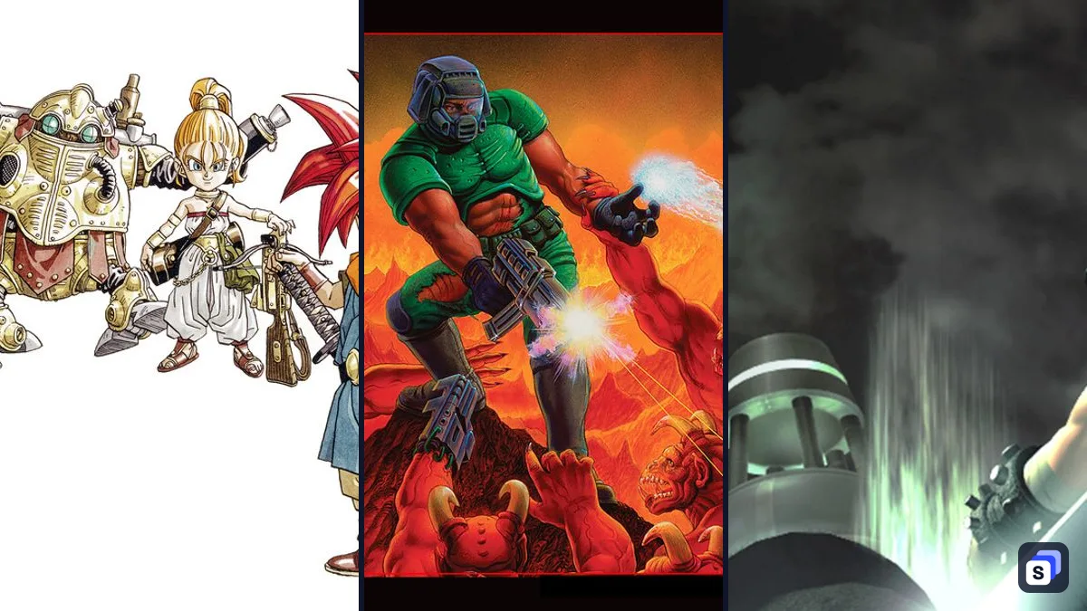 Key art from CHRONO TRIGGER, DOOM + DOOM II and FINAL FANTASY VII