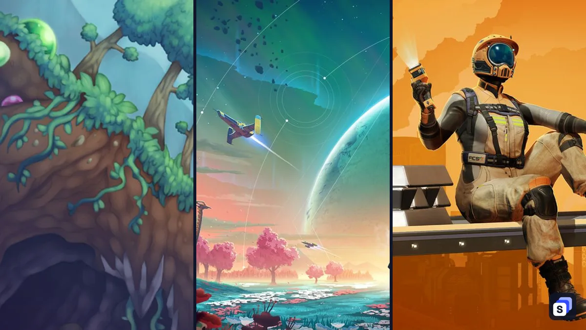 Key art from Terraria, No Man's Sky and Satisfactory