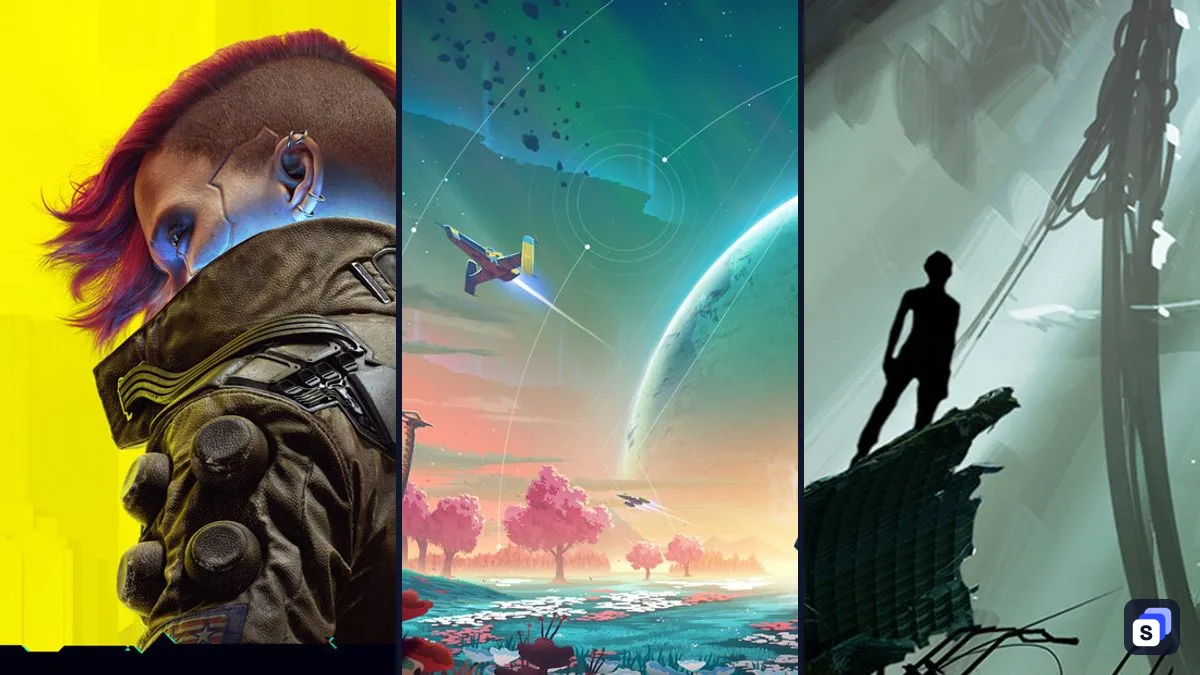 Key art from Cyberpunk 2077, No Man's Sky and Portal 2