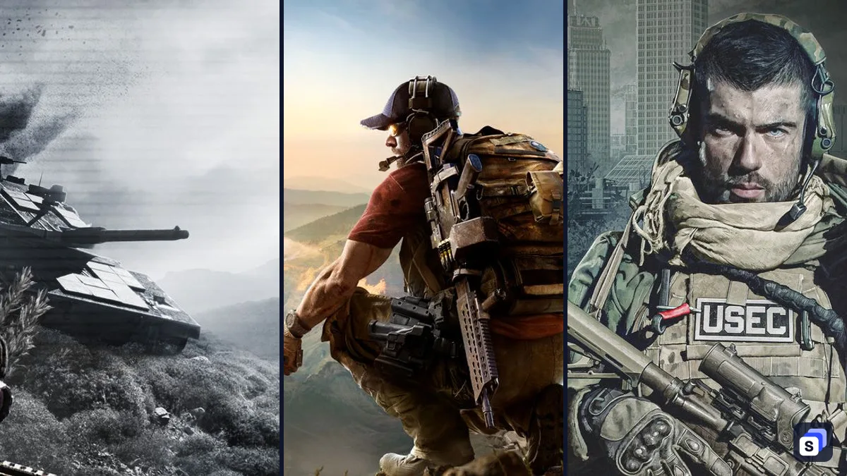 Key art from Arma 3, Tom Clancy's Ghost Recon Wildlands and Escape from Tarkov