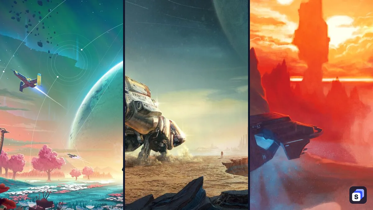 Key art from No Man's Sky, Starfield and Stellaris