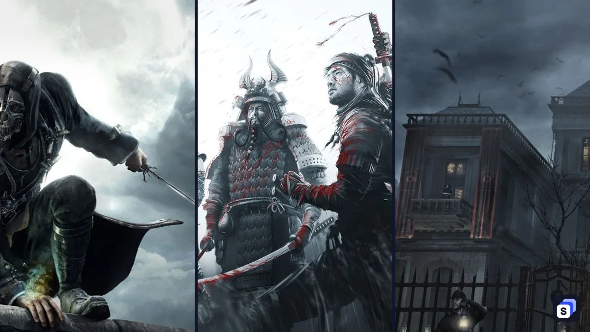 Key art from Dishonored, Shadow Tactics: Blades of the Shogun and Thief