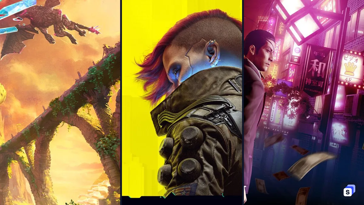 Key art from Split Fiction, Cyberpunk 2077 and Yakuza 0 Director's Cut