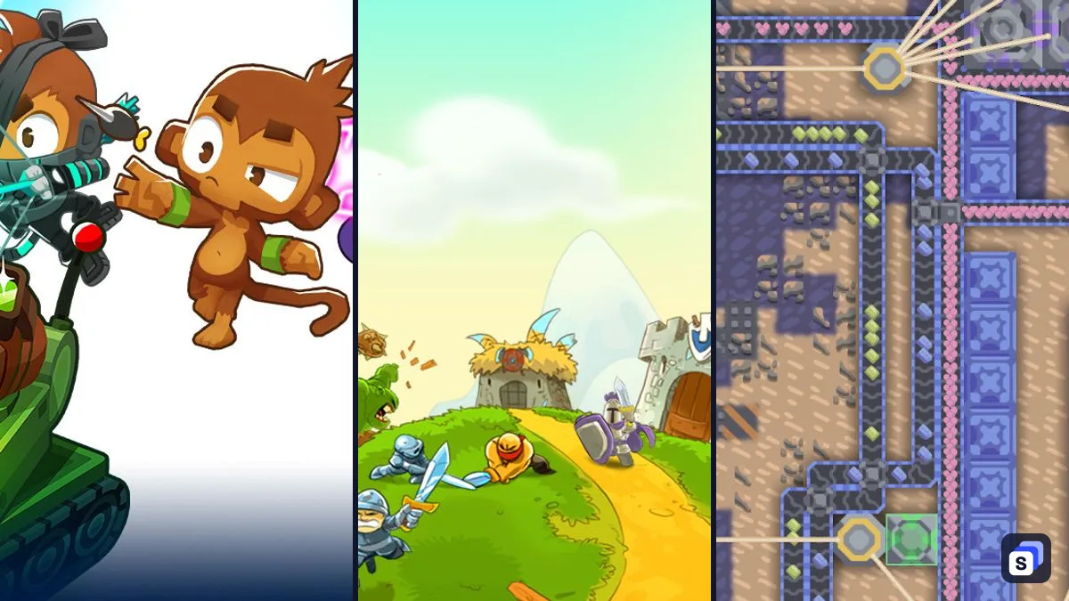 Key art from Bloons TD 6, Kingdom Rush - Tower Defense and Mindustry