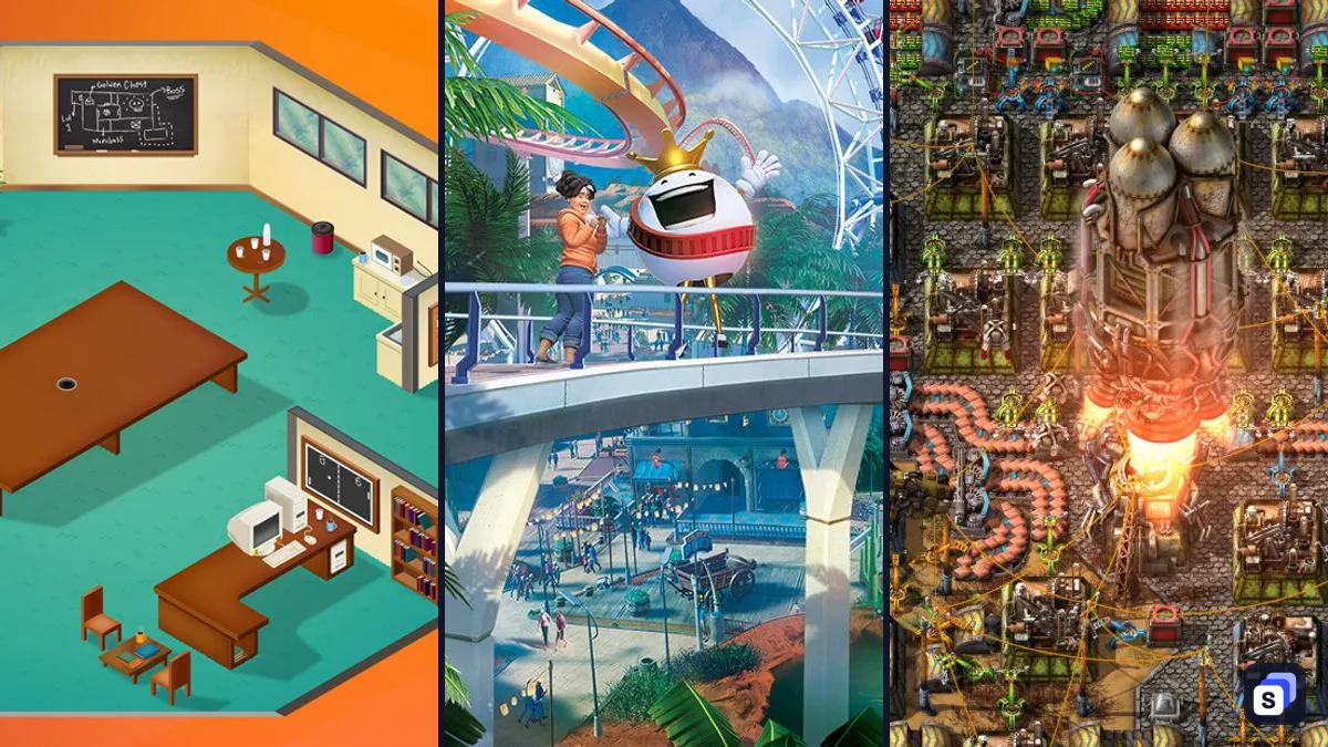 Illustrations de Game Dev Tycoon, Planet Coaster et Factorio
