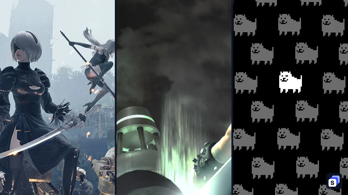 Key art from NieR:Automata, FINAL FANTASY VII and Undertale