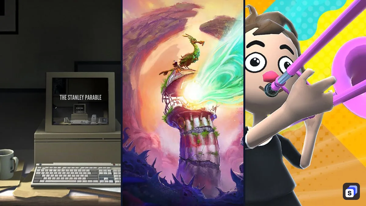 Key art from The Stanley Parable, Keeper and Trombone Champ