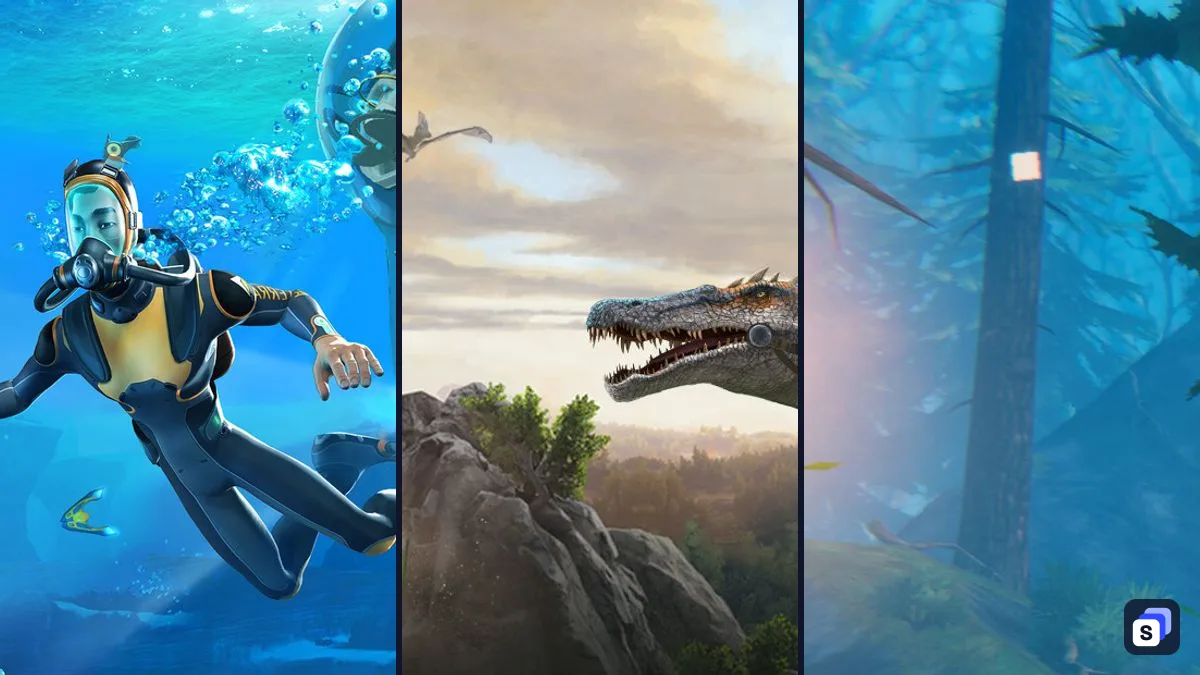 Key art from Subnautica, ARK: Survival Evolved and Valheim