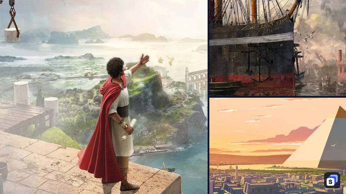 Anno 117: Pax Romana key art next to Anno 1800 and Pharaoh: A New Era, two games like it
