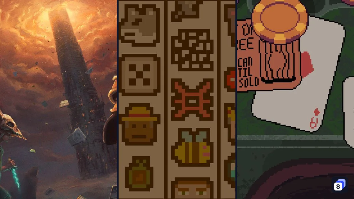 Key art from Slay the Spire, Luck be a Landlord and Dungeons & Degenerate Gamblers