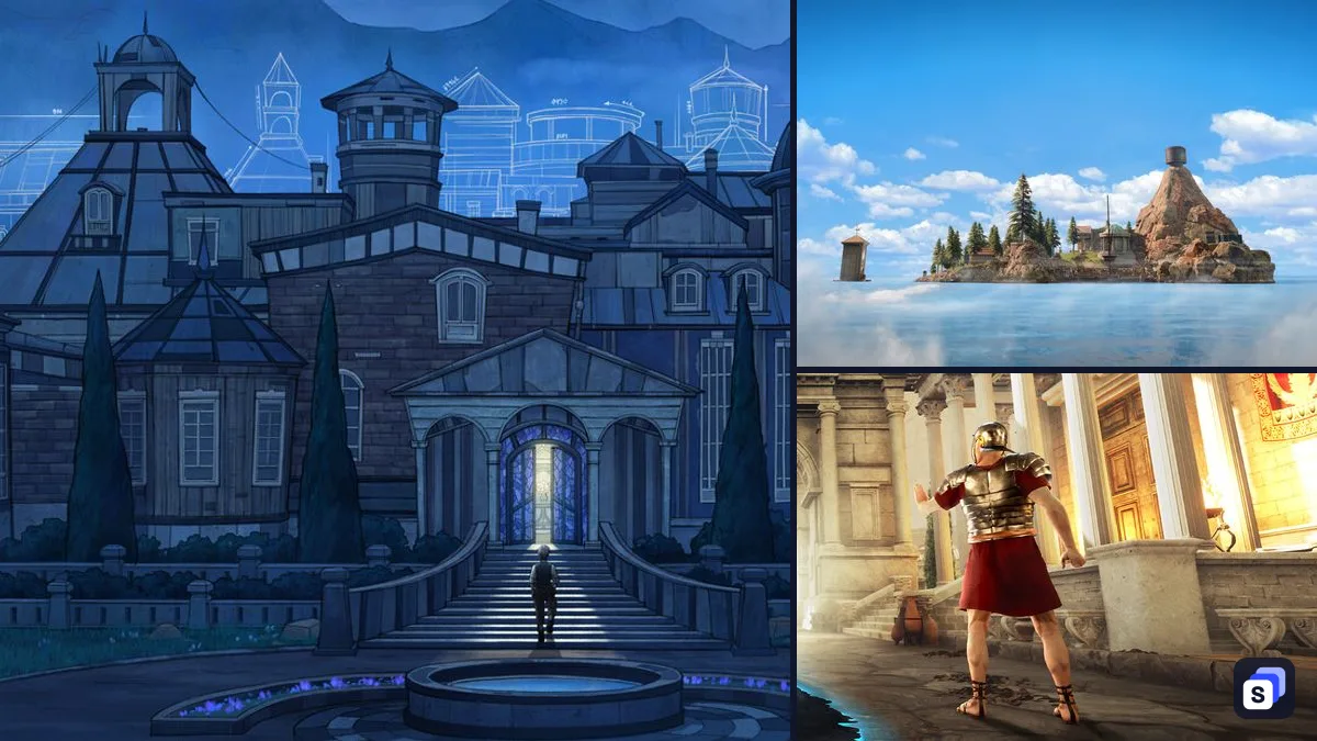 Blue Prince key art next to Myst and The Forgotten City, two games like it