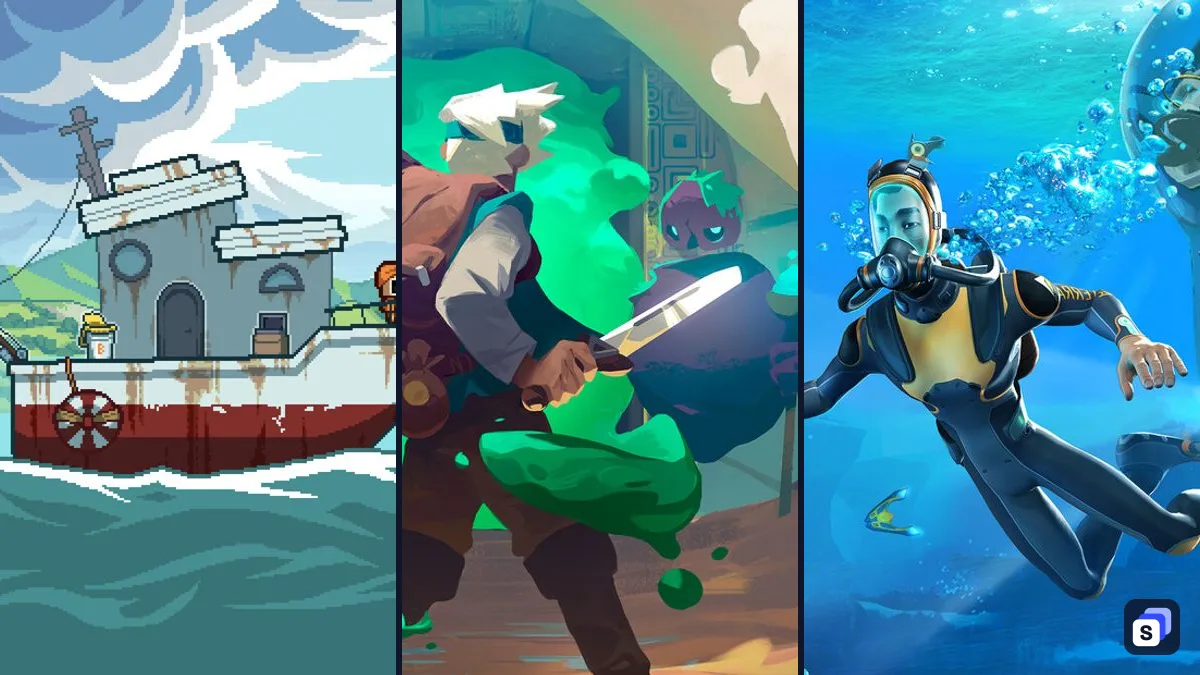 Key art from Scale the Depths, Moonlighter and Subnautica