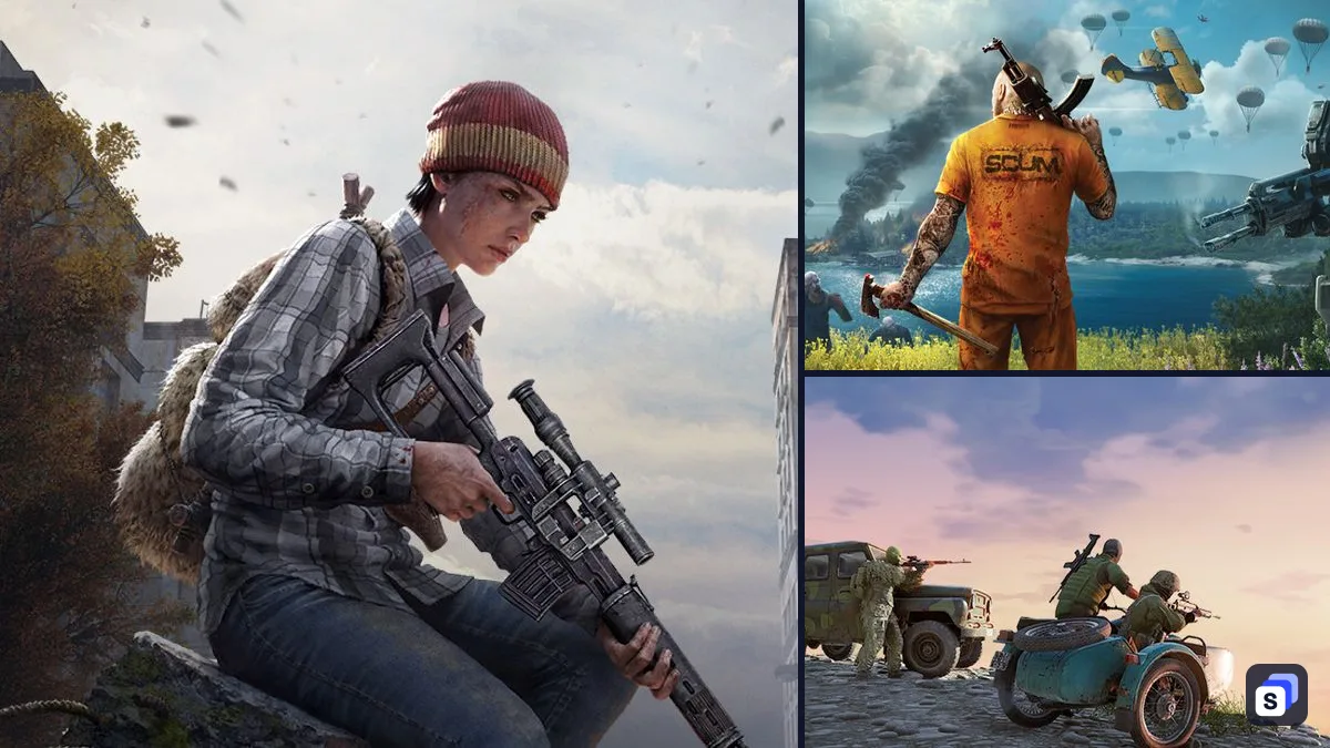 Artwork di DayZ accanto a SCUM e Deadside, due giochi simili