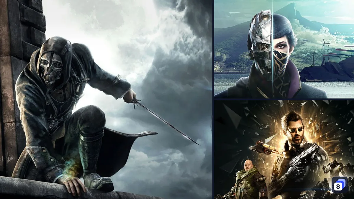 Dishonored key art next to Dishonored 2 and Deus Ex: Mankind Divided, two games like it