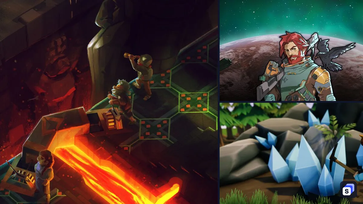 Key-Art von Dwarf Fortress neben RimWorld und Founders' Fortune, zwei ähnlichen Spielen