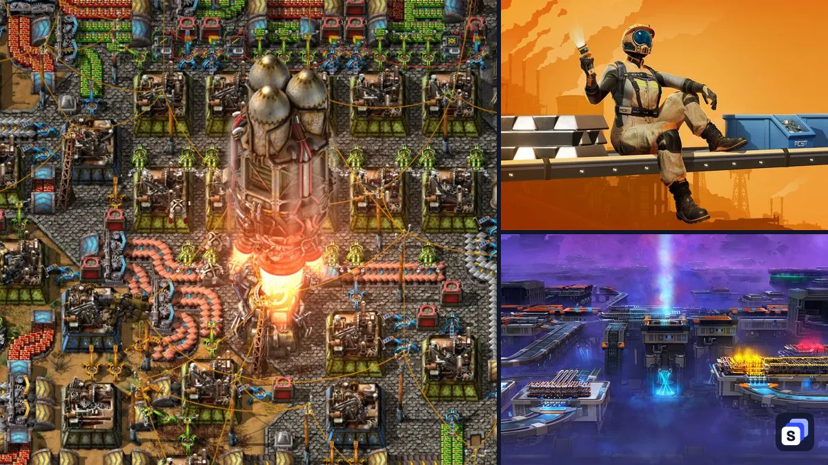 Factorio key art next to Satisfactory and shapez 2 - Factory, two games like it