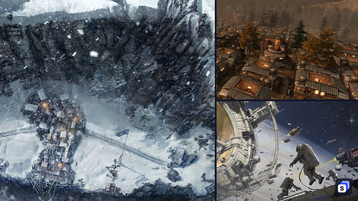 Artwork di Frostpunk accanto a New Cycle e IXION, due giochi simili