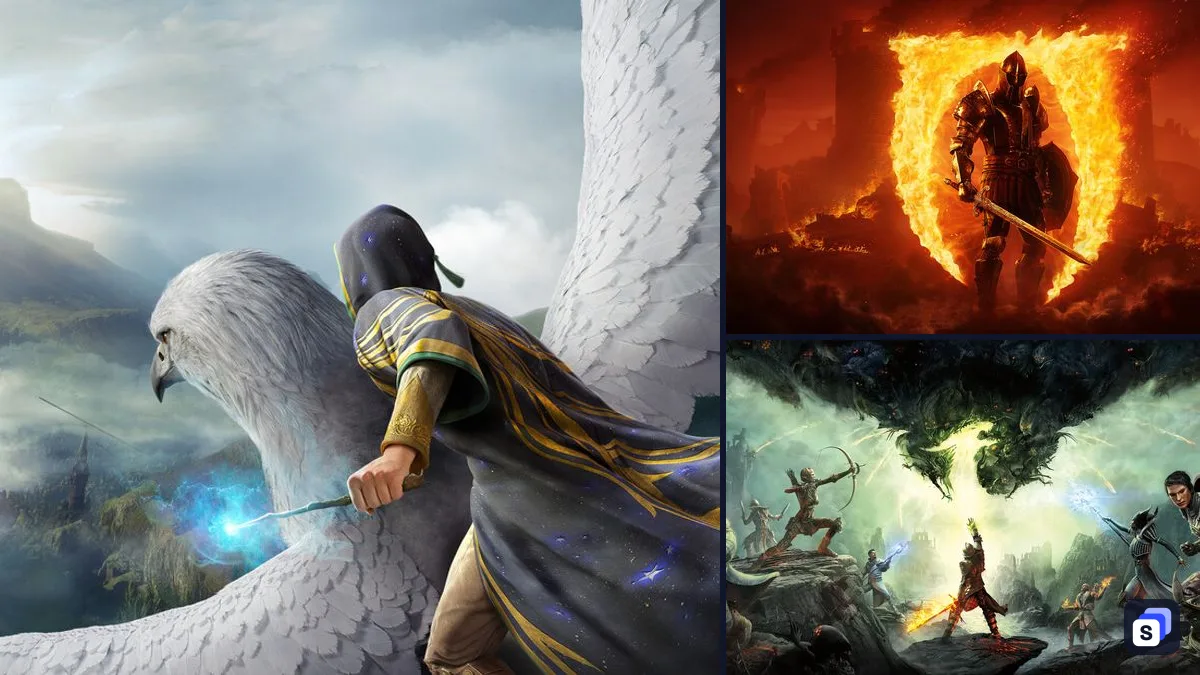 Hogwarts Legacy key art next to The Elder Scrolls IV: Oblivion Remastered and Dragon Age Inquisition, two games like it