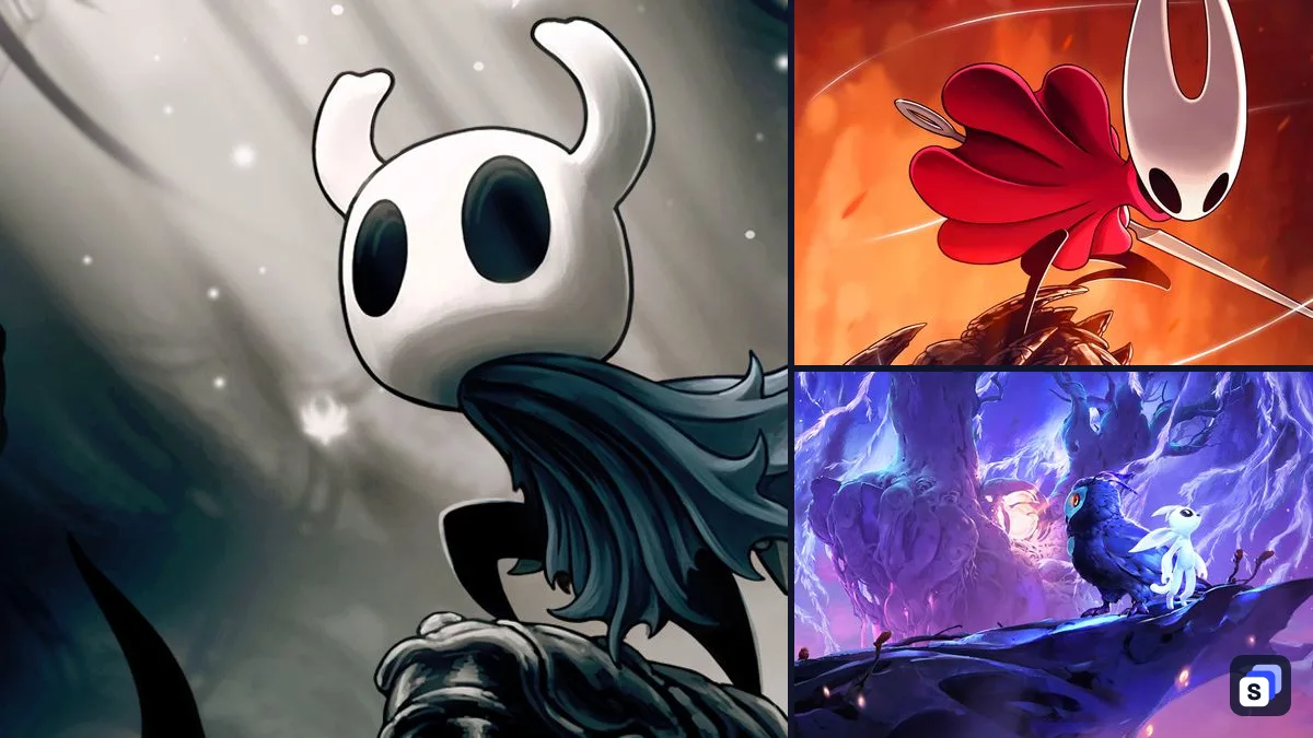 Artwork di Hollow Knight accanto a Hollow Knight: Silksong e Ori and the Will of the Wisps, due giochi simili