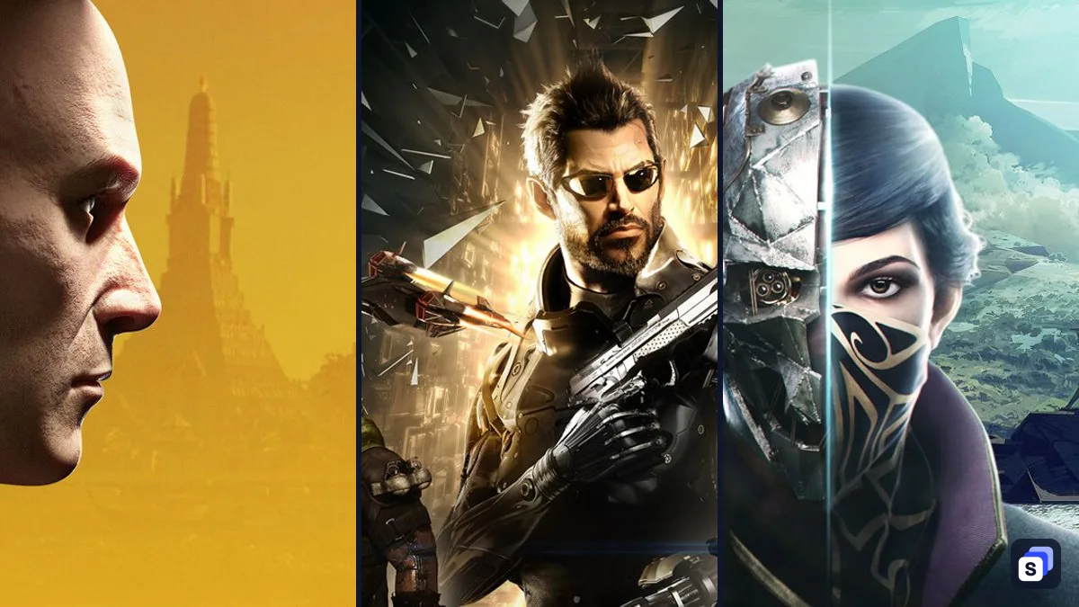 Key art from HITMAN World of Assassination, Deus Ex: Mankind Divided and Dishonored 2