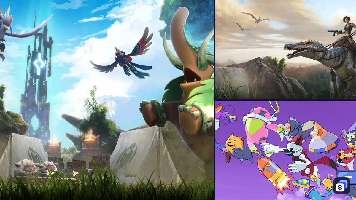 Palworld key art next to ARK: Survival Evolved and Cassette Beasts, two games like it