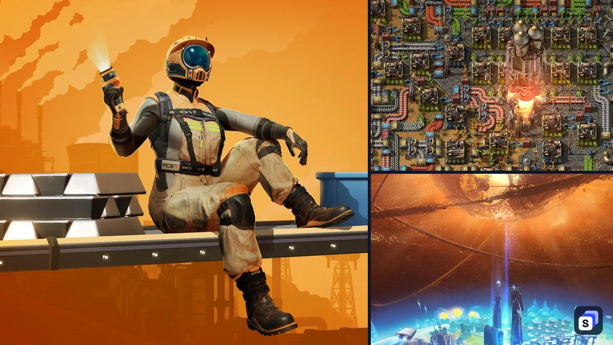 Satisfactory key art next to Factorio and Dyson Sphere Program, two games like it