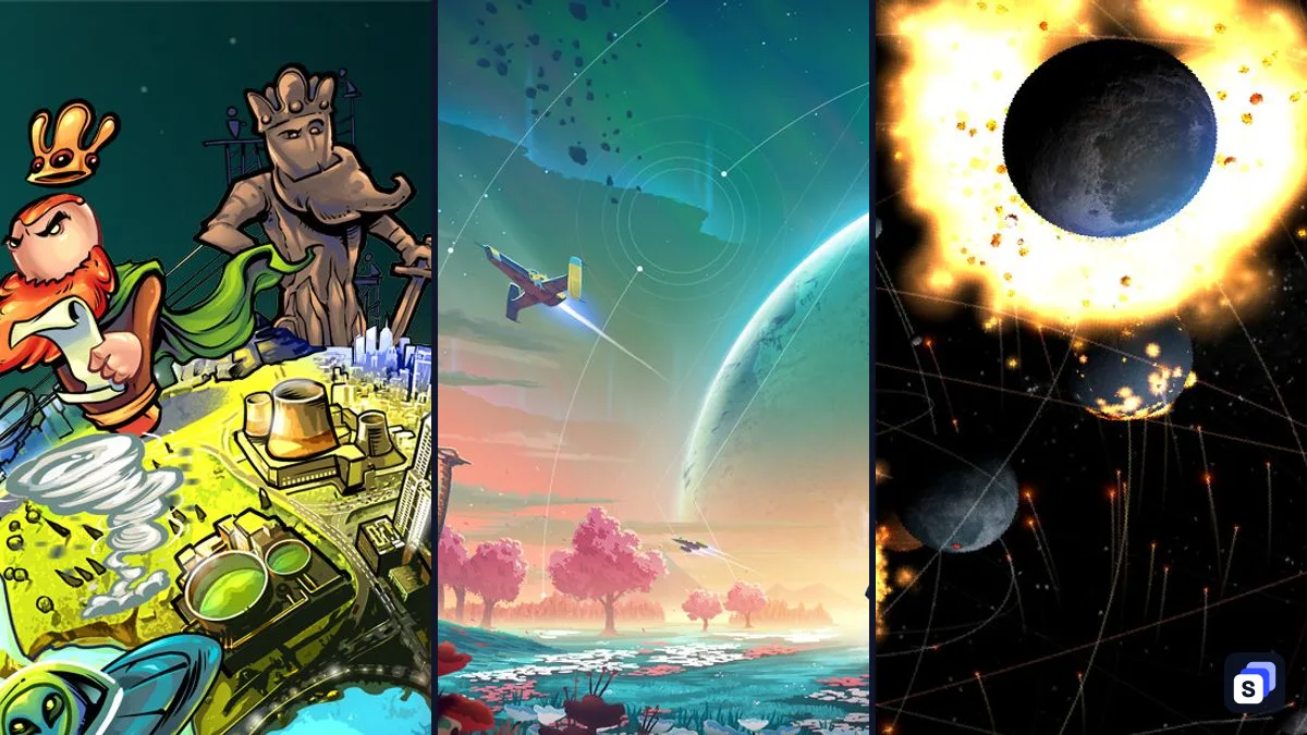 Key art from The Universim, No Man's Sky and Universe Sandbox