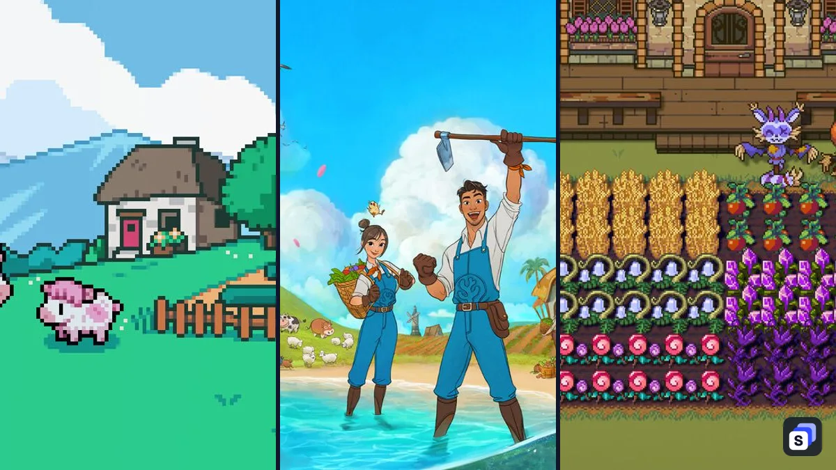 Key art from Fields of Mistria, Coral Island and Sun Haven