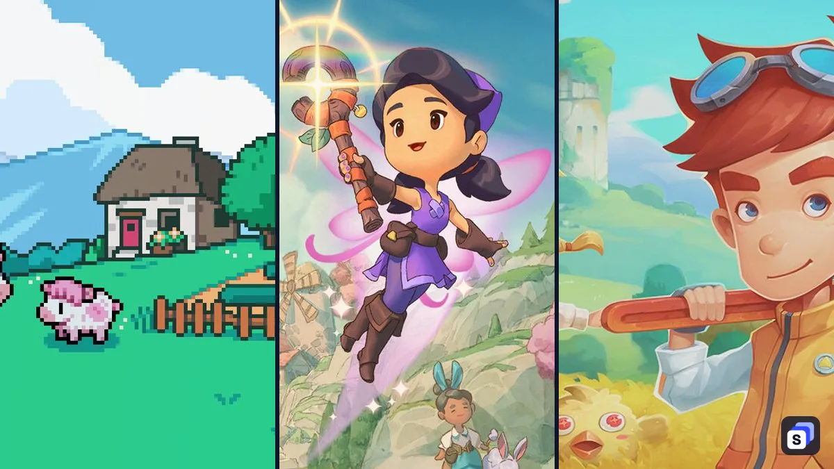 Key art from Fields of Mistria, Fae Farm and My Time at Portia